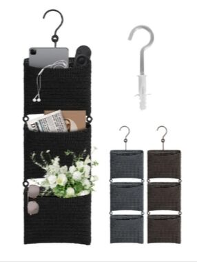 Handmade Black Crochet Three-Pocket Hanging Organizer